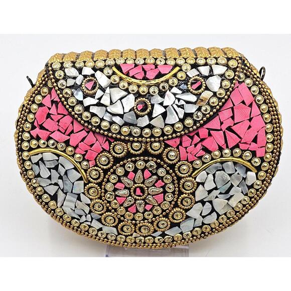 Ramla Dazzling Mosaic Beaded Handbag - Pink Gold & Black Glam